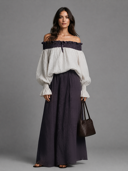 Women's Color-Blocked Cotton Linen Off-Shoulder Maxi Dress Set