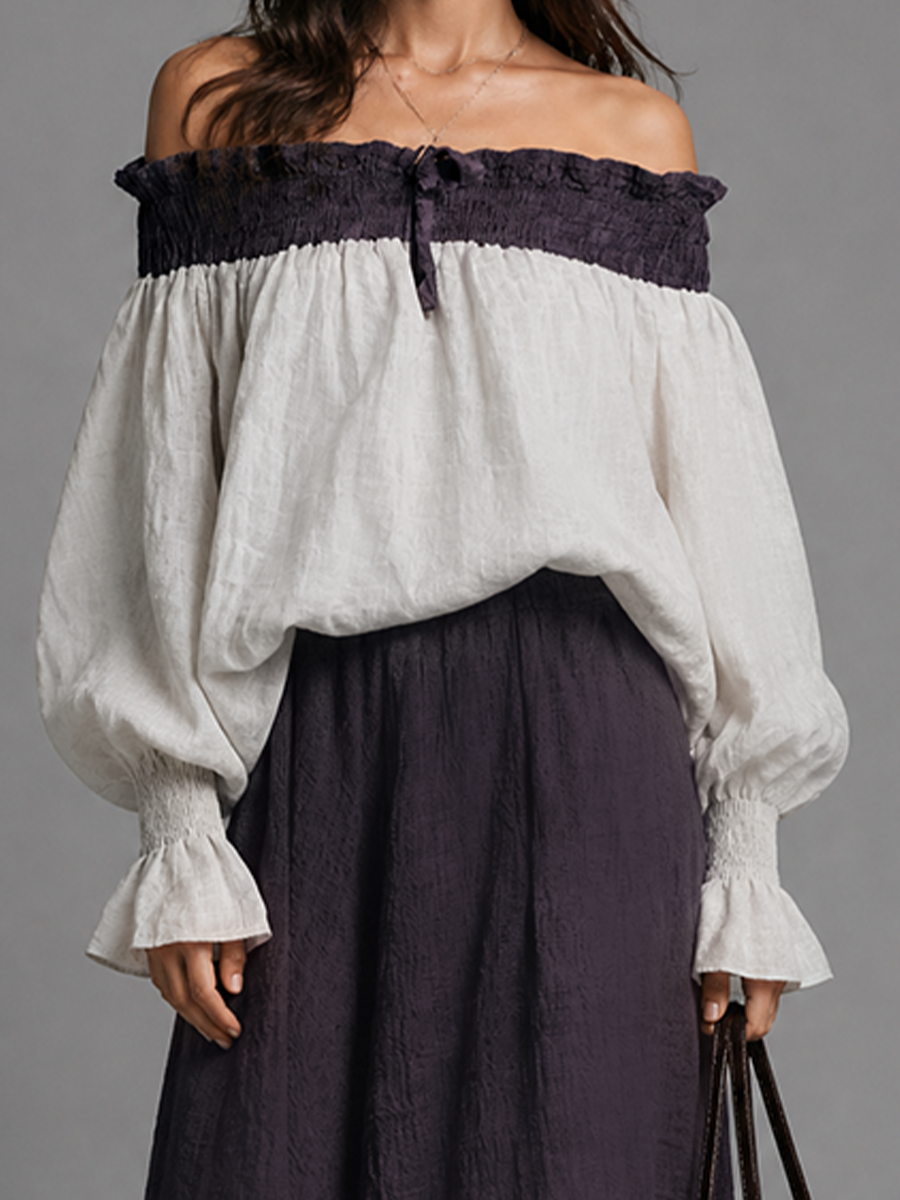 Women's Color-Blocked Cotton Linen Off-Shoulder Maxi Dress Set