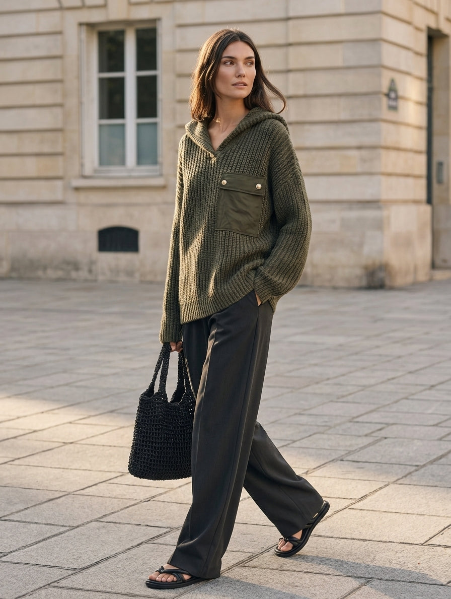 Women's Casual Dark Green Knit Sweatshirt And Dark Gray Woven Trousers 2-Piece Set