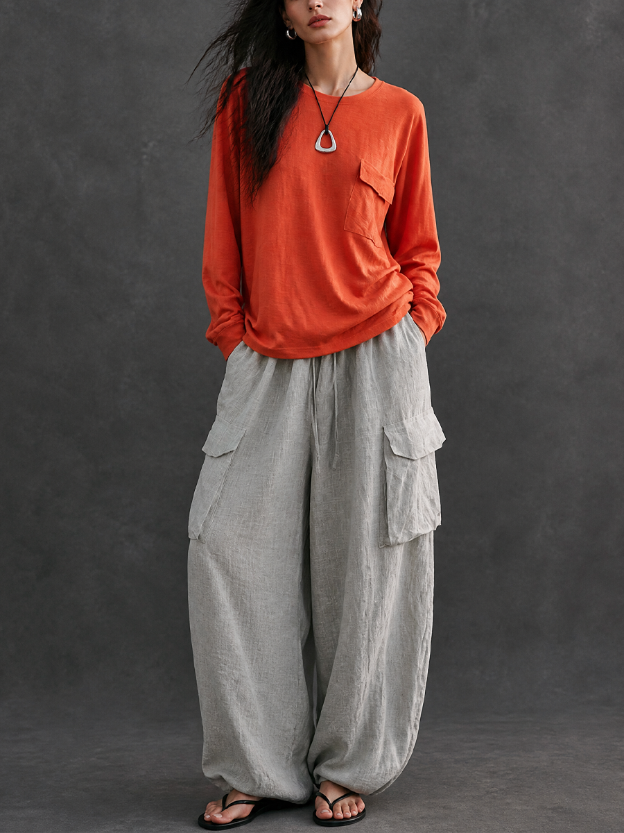 Women's Casual Crew Neck T-shirt And Cotton Linen Cargo Pants Set