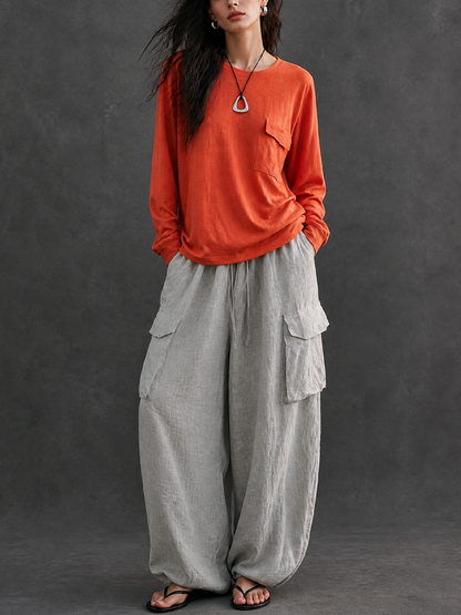Women's Casual Crew Neck T-shirt And Cotton Linen Cargo Pants Set
