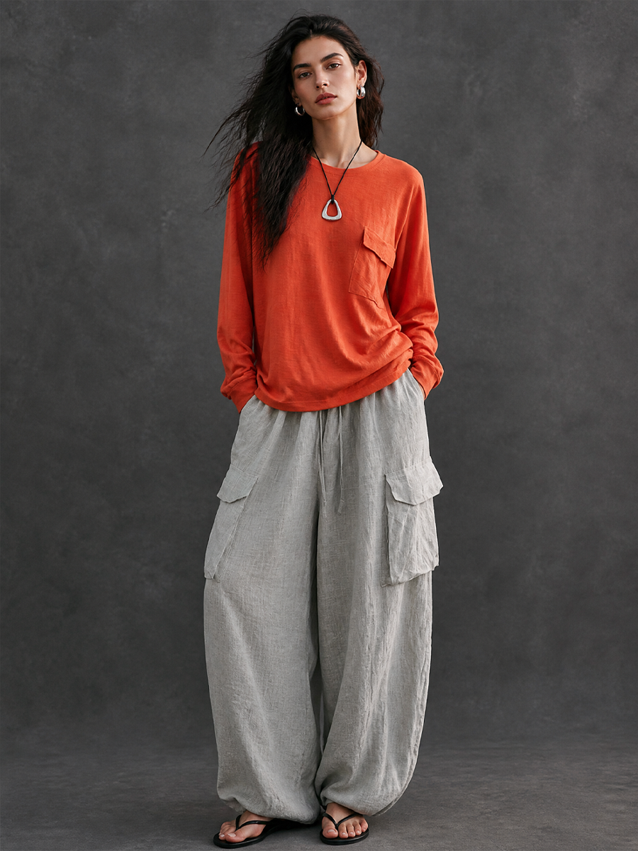 Women's Casual Crew Neck T-shirt And Cotton Linen Cargo Pants Set