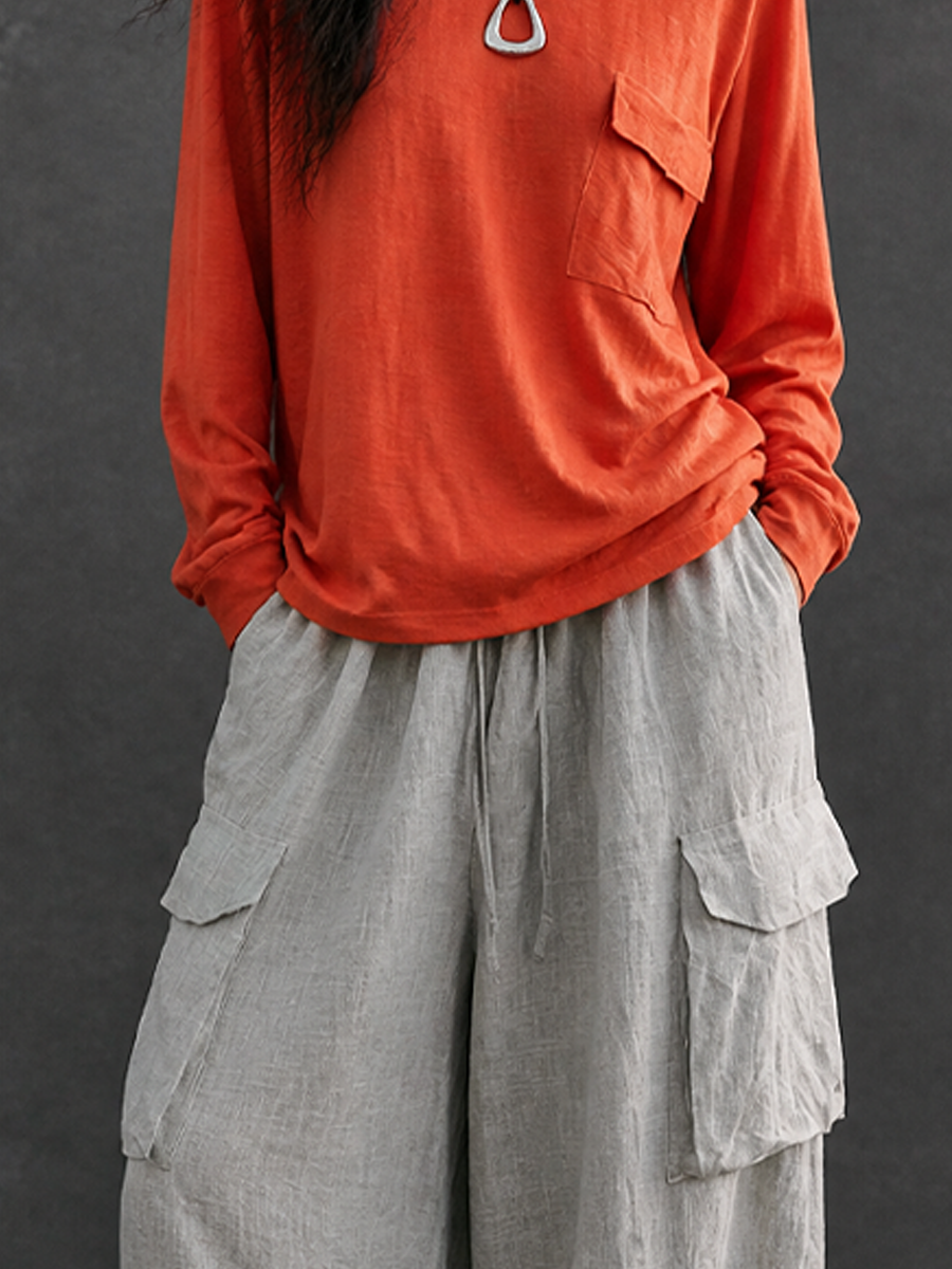 Women's Casual Crew Neck T-shirt And Cotton Linen Cargo Pants Set