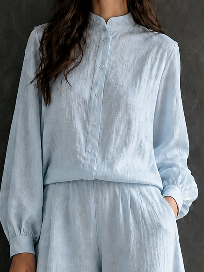 Women's Vacation Cotton Linen Stand-Collar Wide-Leg Pants Set