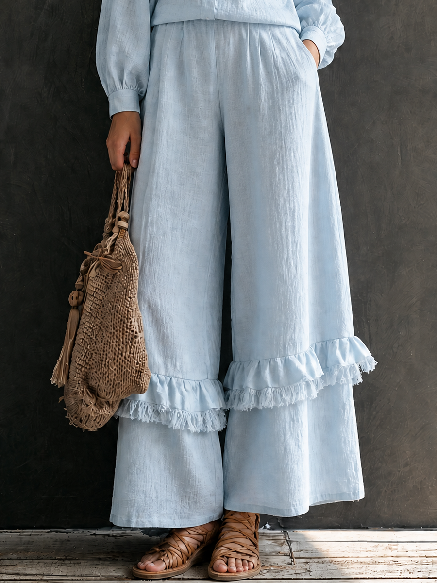 Women's Vacation Cotton Linen Stand-Collar Wide-Leg Pants Set