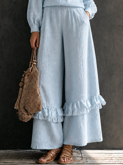 Women's Vacation Cotton Linen Stand-Collar Wide-Leg Pants Set