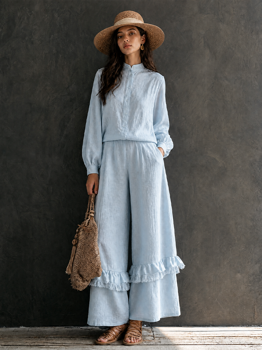 Women's Vacation Cotton Linen Stand-Collar Wide-Leg Pants Set