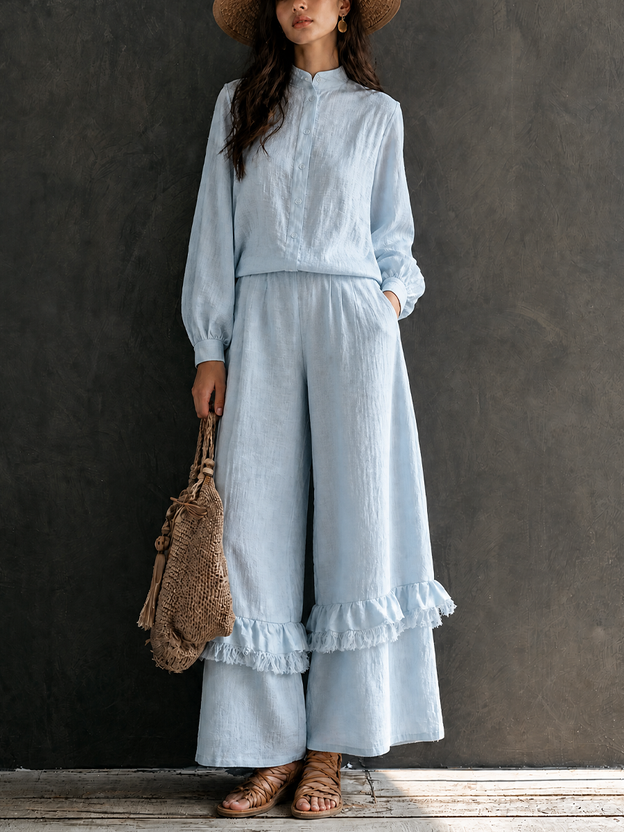 Women's Vacation Cotton Linen Stand-Collar Wide-Leg Pants Set