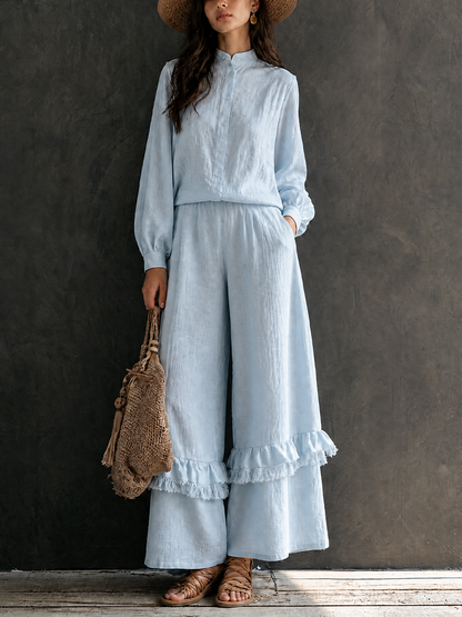 Women's Vacation Cotton Linen Stand-Collar Wide-Leg Pants Set
