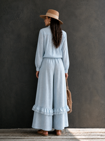 Women's Vacation Cotton Linen Stand-Collar Wide-Leg Pants Set