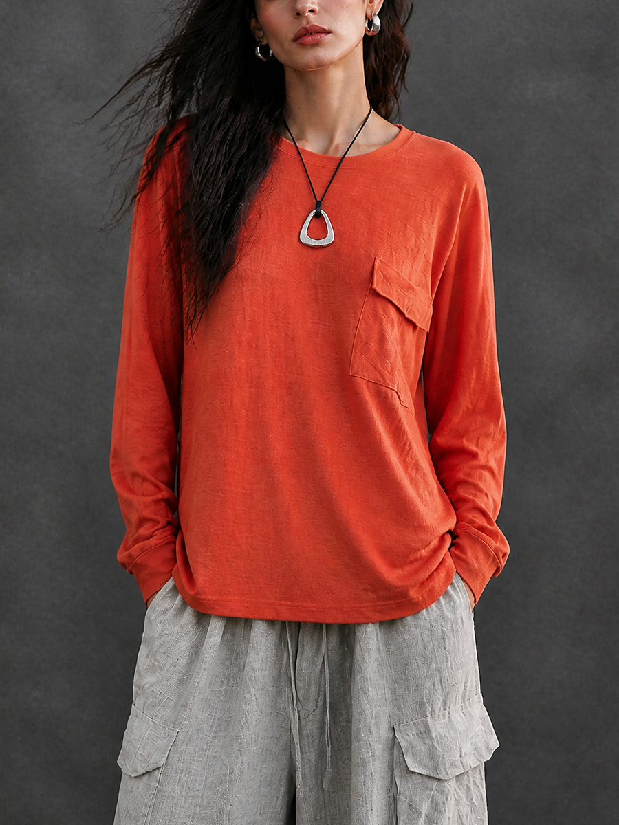Women's Casual Cotton Blend Crewneck Pocket Long-Sleeve T-Shirt