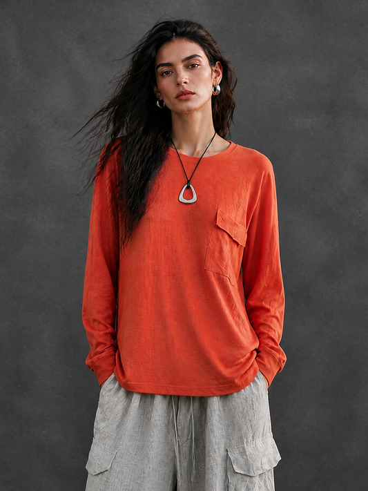 Women's Casual Cotton Blend Crewneck Pocket Long-Sleeve T-Shirt