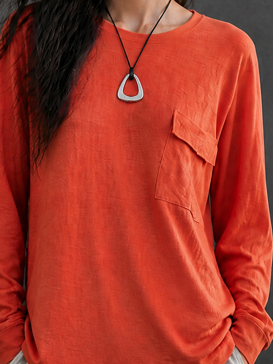 Women's Casual Cotton Blend Crewneck Pocket Long-Sleeve T-Shirt