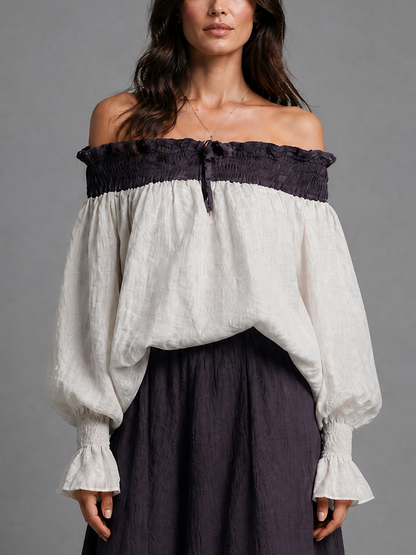 Women's Color-blocked Romantic Cotton And Linen Off-shoulder Top