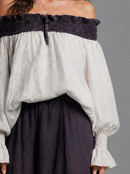 Women's Color-blocked Romantic Cotton And Linen Off-shoulder Top