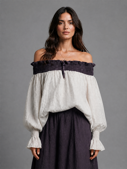 Women's Color-blocked Romantic Cotton And Linen Off-shoulder Top