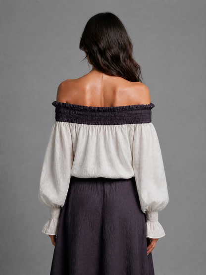 Women's Color-blocked Romantic Cotton And Linen Off-shoulder Top