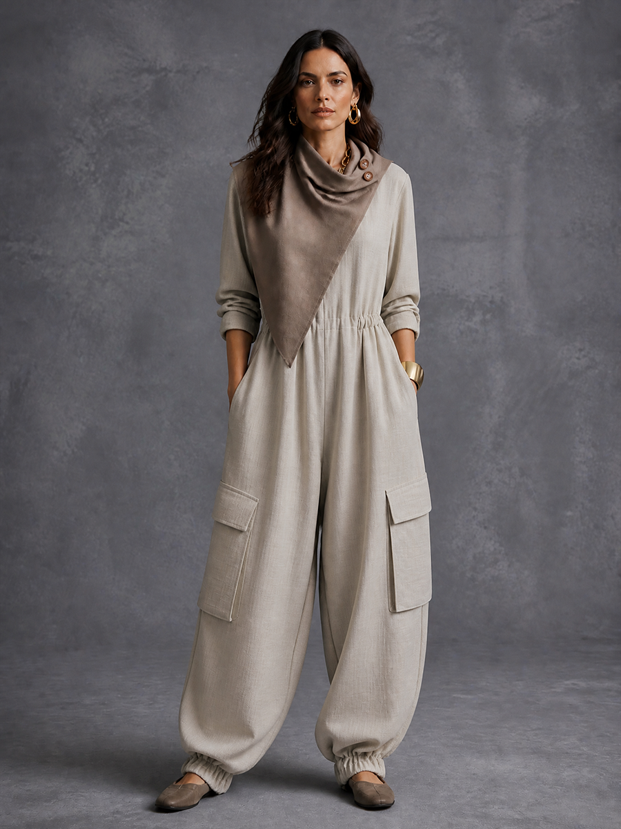 Women's Utility Casual Cowl-Neck Cargo Jumpsuit
