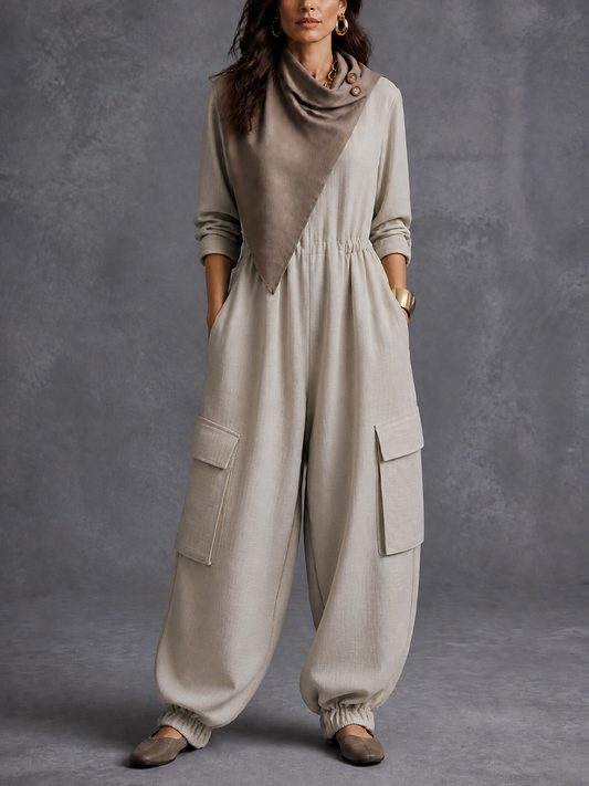 Women's Utility Casual Cowl-Neck Cargo Jumpsuit