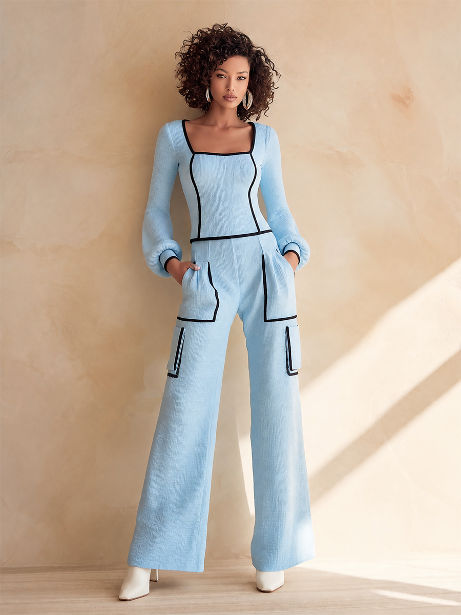 Women's Elegant Black-Trim Square-Neck Blouson-Sleeve Top & High-Waisted Cargo Wide-Leg Trouser Set