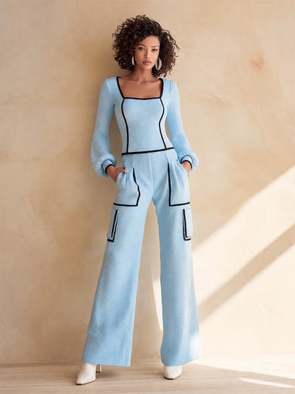 Women's Elegant Black-Trim Square-Neck Blouson-Sleeve Top & High-Waisted Cargo Wide-Leg Trouser Set