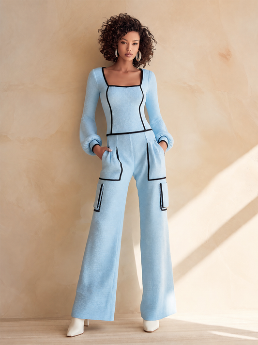 Women's Elegant Black-Trim Square-Neck Blouson-Sleeve Top & High-Waisted Cargo Wide-Leg Trouser Set