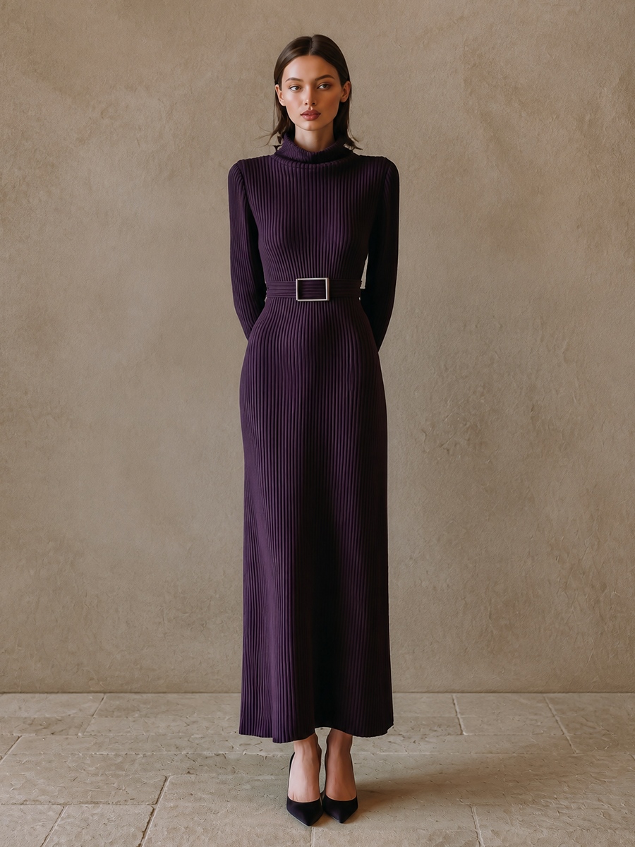 Women's Ribbed Turtleneck Long Sleeve Evening Knit Maxi Dress