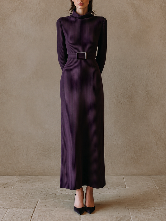 Women's Ribbed Turtleneck Long Sleeve Evening Knit Maxi Dress