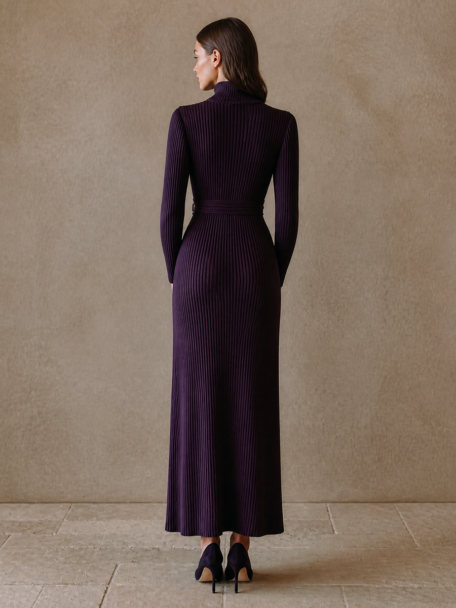 Women's Ribbed Turtleneck Long Sleeve Evening Knit Maxi Dress