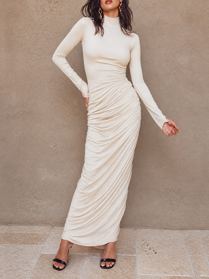 Women's Ruched Mock Neck Long Sleeve Evening Maxi Dress