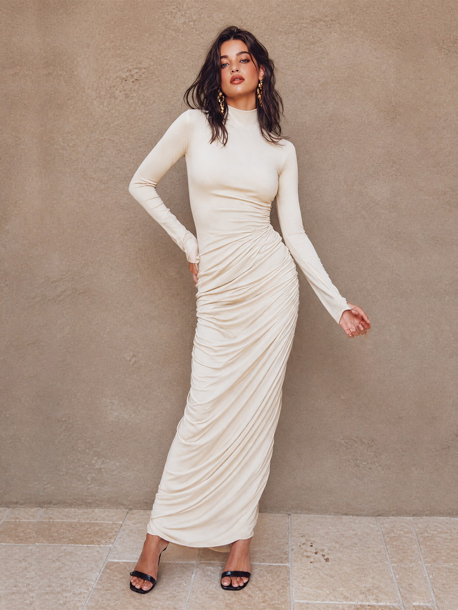 Women's Ruched Mock Neck Long Sleeve Evening Maxi Dress