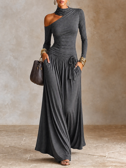 Women's Asymmetric Off‑Shoulder Long Sleeve Vacation Maxi Dress
