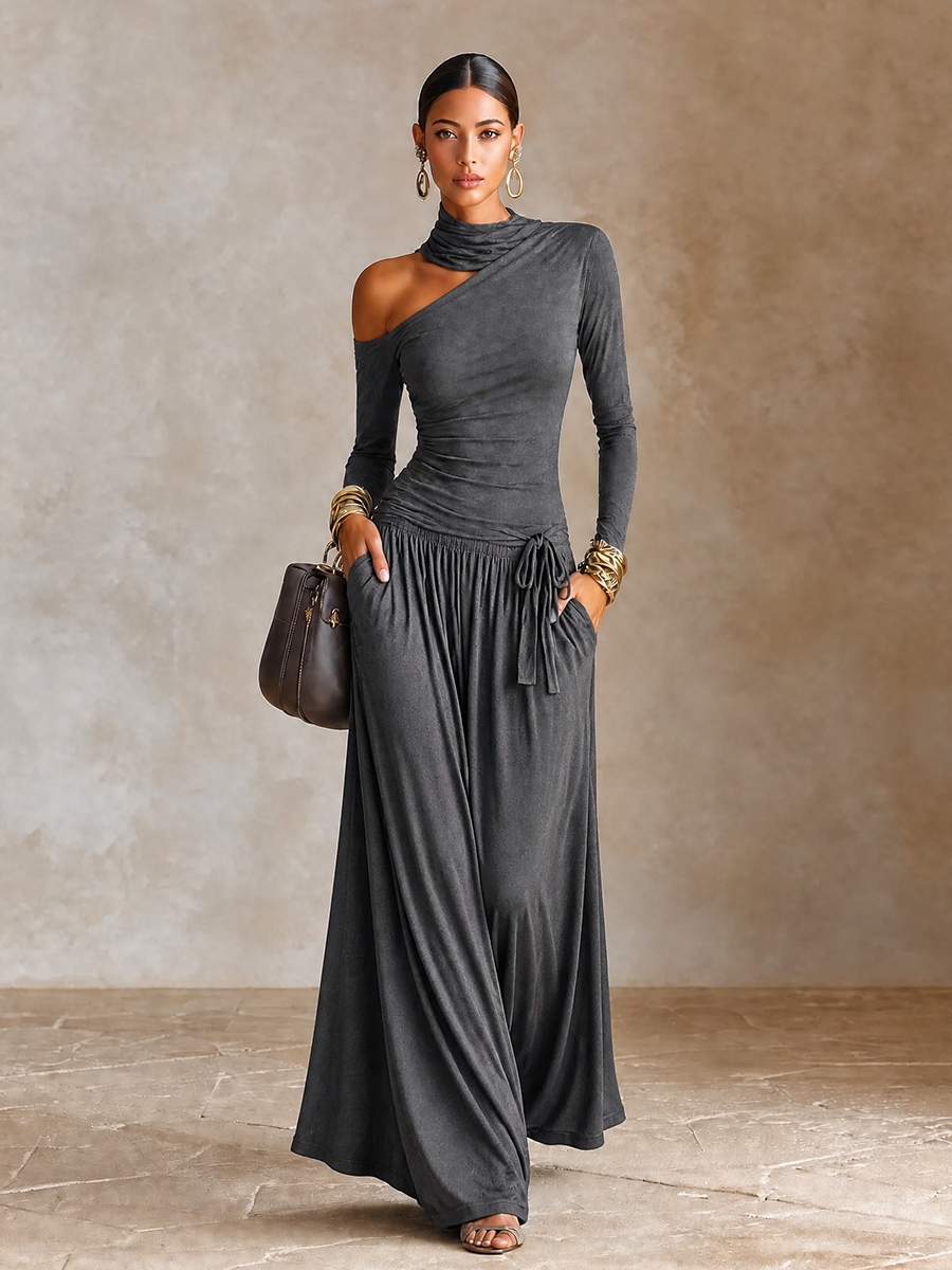 Women's Asymmetric Off‑Shoulder Long Sleeve Vacation Maxi Dress