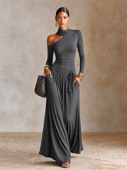 Women's Asymmetric Off‑Shoulder Long Sleeve Vacation Maxi Dress