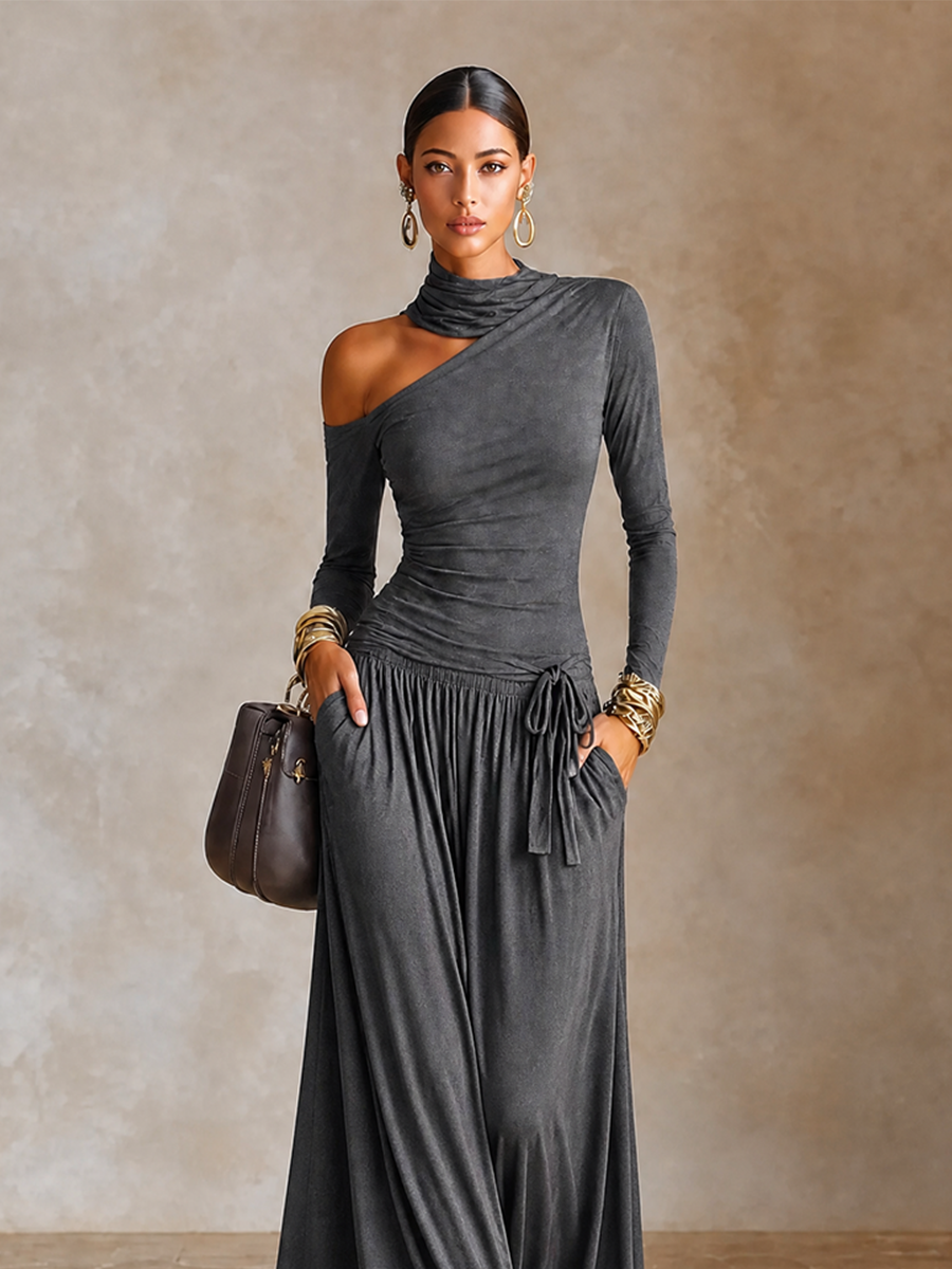Women's Asymmetric Off‑Shoulder Long Sleeve Vacation Maxi Dress