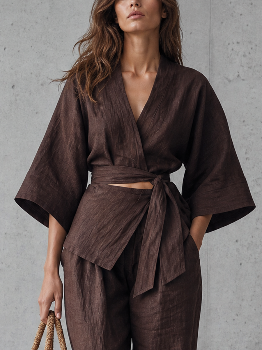 Women's Kimono Sleeve Wrap Tie Wide Leg Brown Set