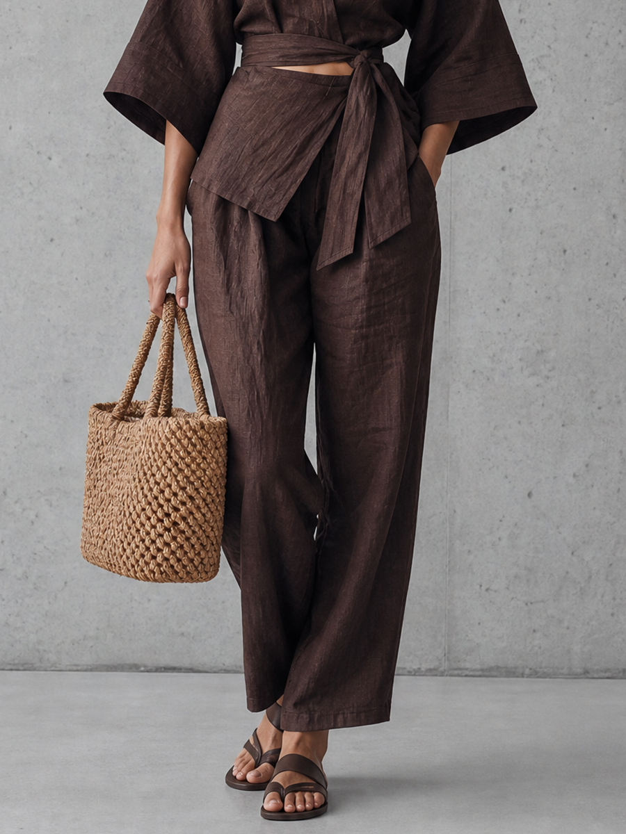 Women's Kimono Sleeve Wrap Tie Wide Leg Brown Set