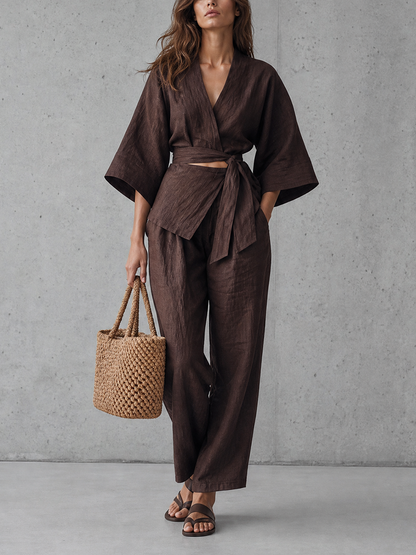 Women's Kimono Sleeve Wrap Tie Wide Leg Brown Set