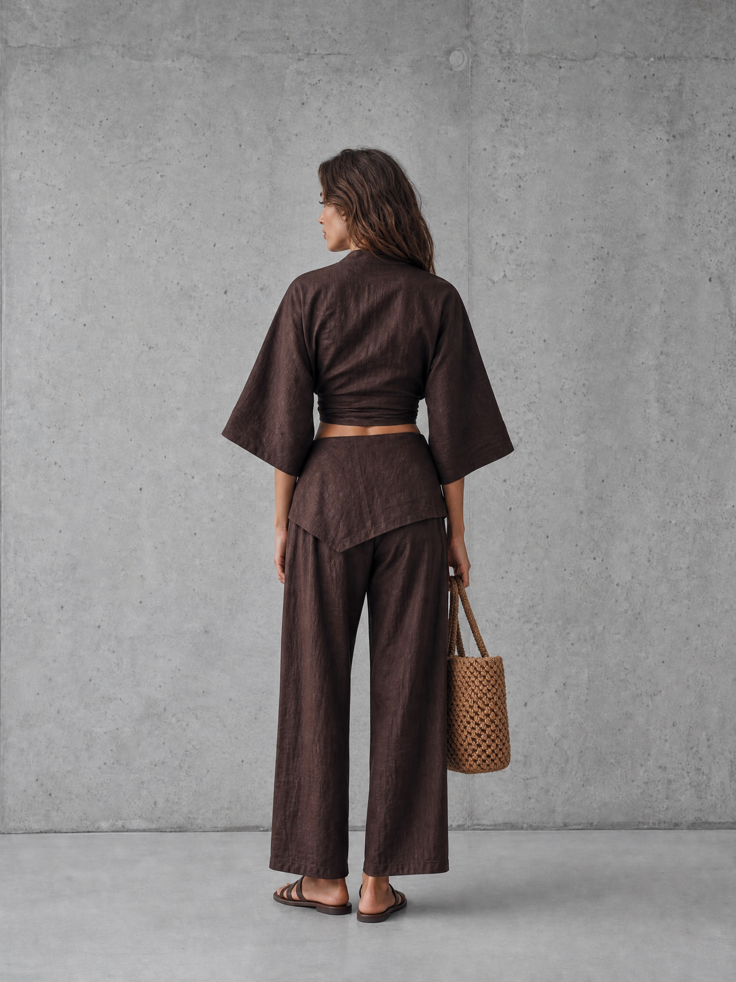Women's Kimono Sleeve Wrap Tie Wide Leg Brown Set
