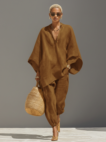 Women's Neutral Linen Set With Asymmetric Hem & Minimalist Design, Sophisticated Daily-Casual Style Set