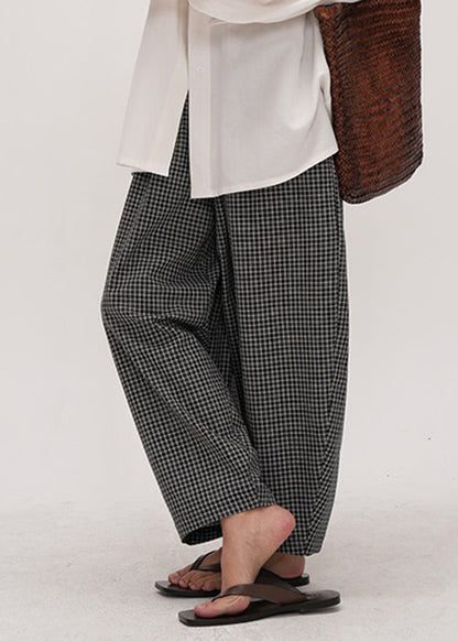 French Black Plaid Elastic Waist Cotton Crop Pants Summer