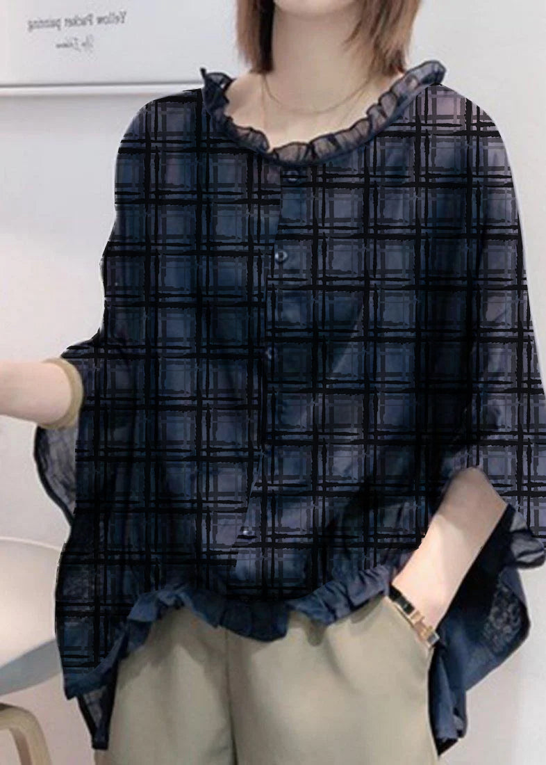 Art Black print Tops Ruffles Trim Half Sleeve Shirts Blouse Plus Size
