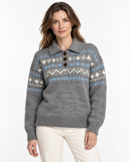 Women's Fair Isle Wool Sweater – Collared Three-Button Knit Pullover
