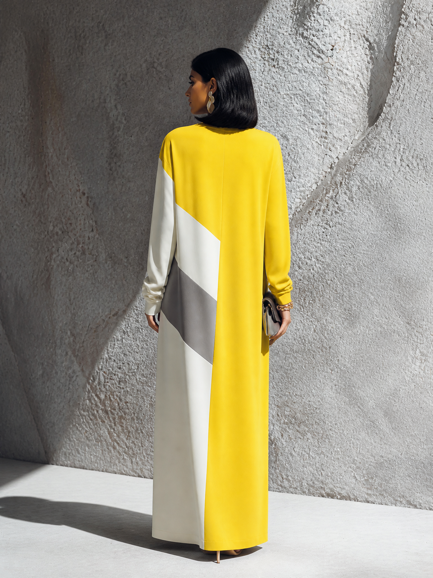 Women's Modern Elegant Yellow White Cotton Blend Color-Block Round Neck Long Maxi Dress