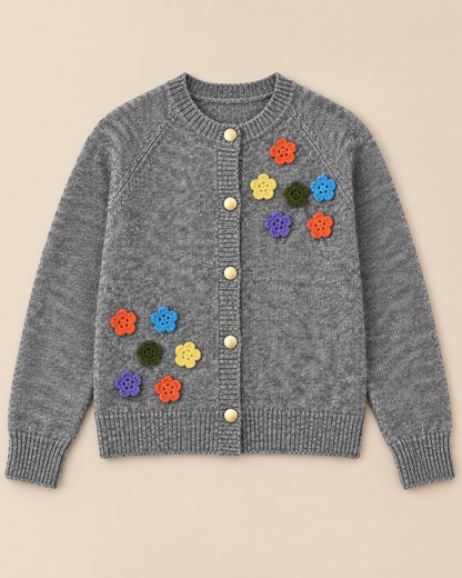 Women's Floral Wool Cardigan – Colorful Flower Round Neck Sweater