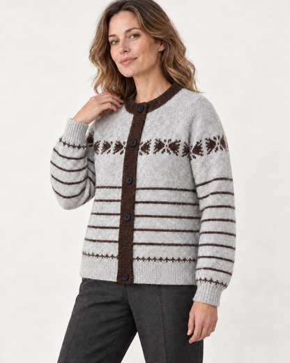 Women's Fair Isle Wool Cardigan – Striped Crewneck Button-Up Sweater