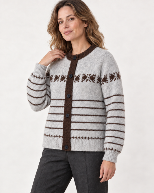 Women's Fair Isle Wool Cardigan – Striped Crewneck Button-Up Sweater