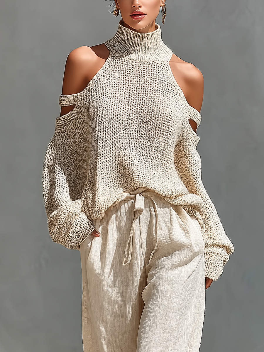 Women’s Beige Openwork Knit Cold Shoulder High Neck Sweater