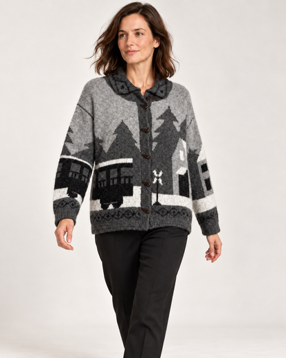 Women's Graphic Wool Cardigan – Scenic Knit Toggle-Button Sweater