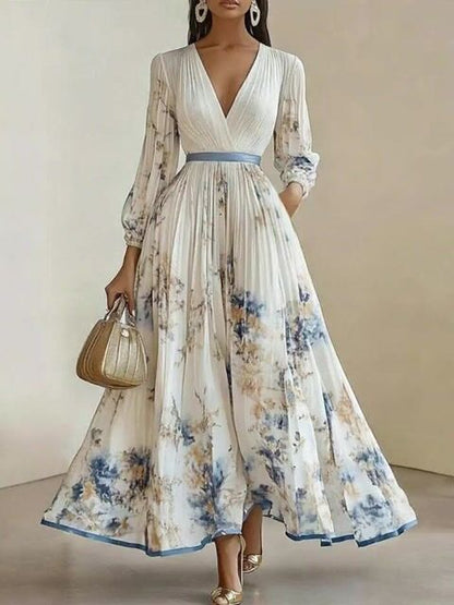 Women's Elegant White V-Neck Print Holiday Style Pleated Dress